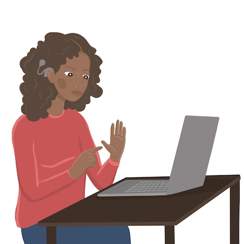 Rysunek ciemnoskórej dziewczyny z aparatem słuchowym siedzącej przed monitorem laptopa. Dziewczyna wykonuje gesty w języku migowym.